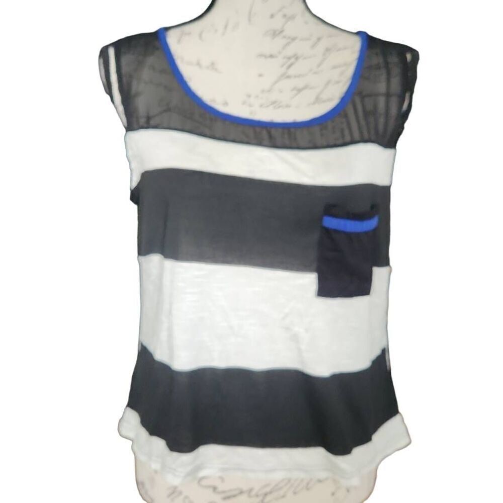 Mind Code Women's Size Large White Black Blue Striped Sheer Tank Top